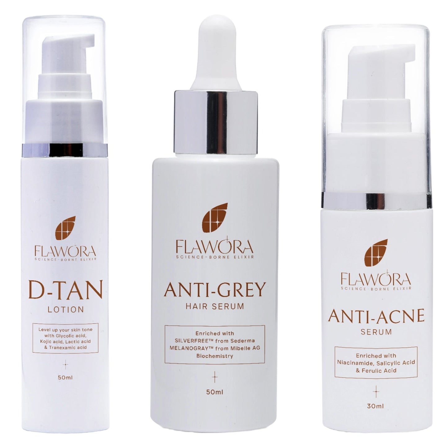Flawora Anti Grey Hair Serum, D Tan Lotion, Anti Acne Serum-Combo of 3