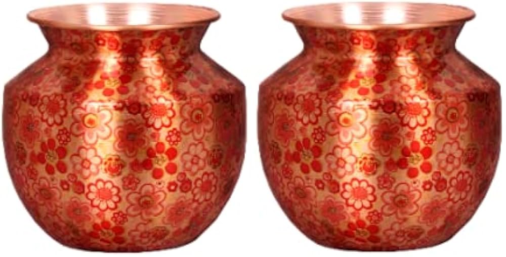 Prakruthi Traditional Copper Sombu with Mini flower Printed Copper Lota Copper Kalash Pooja Sombu Copper Vessel Drinkware Tablewar