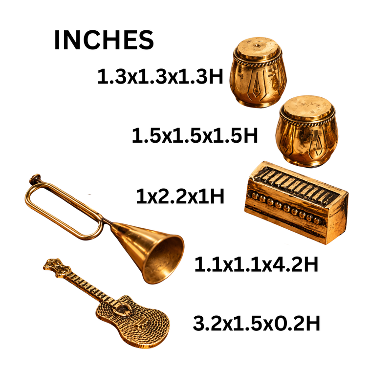 Mahita Collections Brass Miniature Musical Set Trumpet Guitar Tabla and Harmonium