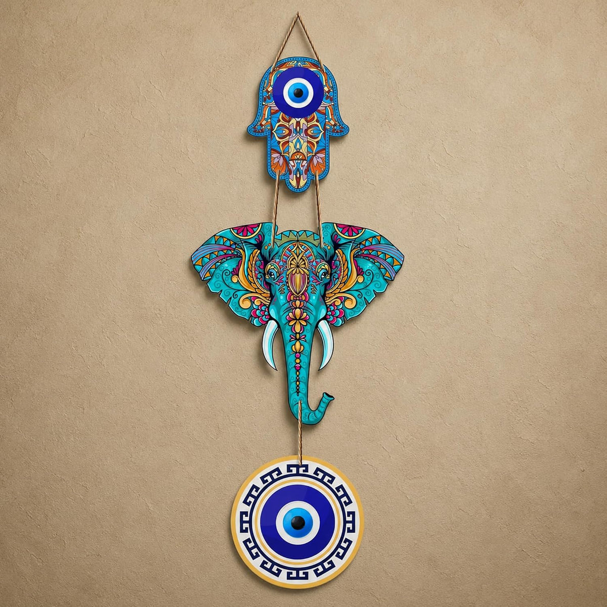 Delhi Retailer Evil Eye Hamsa Hand and Elephant Wall Hanging
