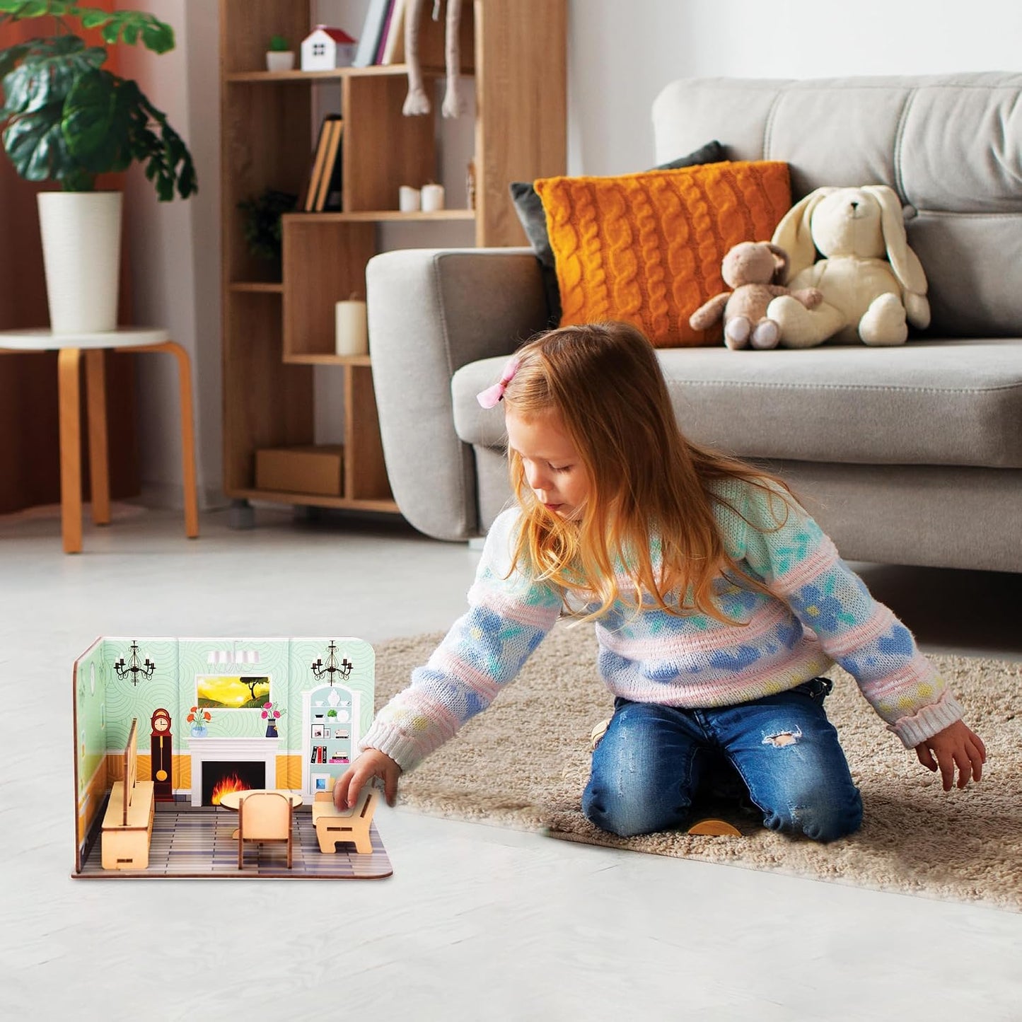 Webby Toys Kids' DIY Wooden Living Room Doll House with Furniture