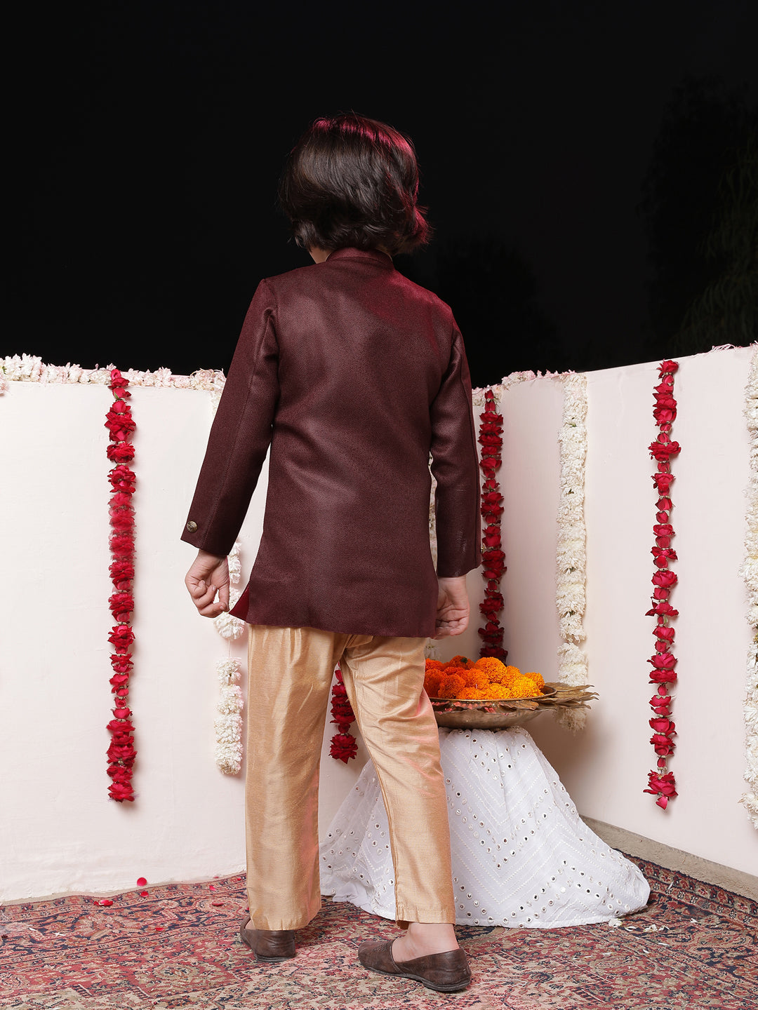 JBN CREATION Boys' Maroon Jute Silk Sherwani Set