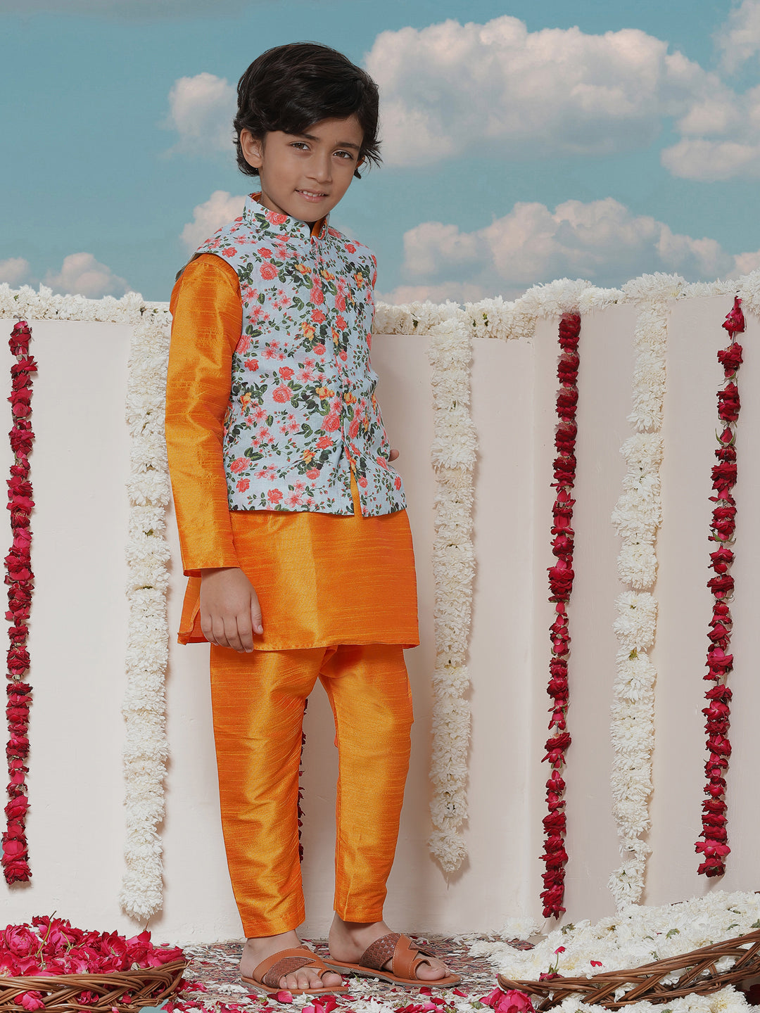 JBN CREATION Boy s Aqua Floral Printed Nehru Jacket With Orange Kurta Pushmycart.in