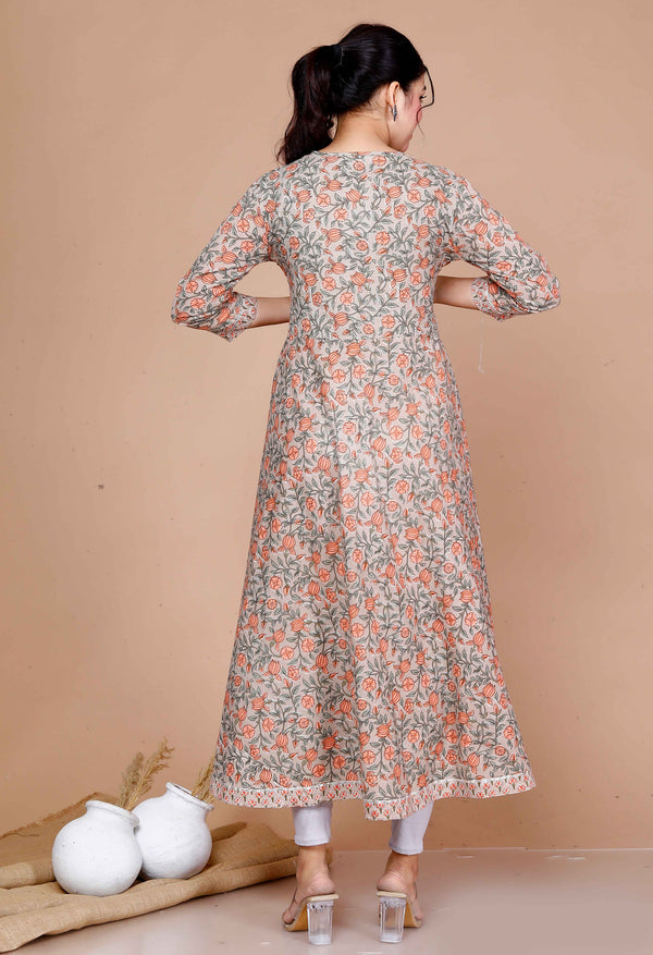 Miravan Women'S Partywear Brown Floral Printed Gota Work Long Anarkali With Dupatta Set