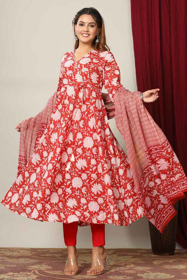 Miravan Women's Red Floral Printed Gotta Patti Pure Cotton Kurta With Dupatta Set
