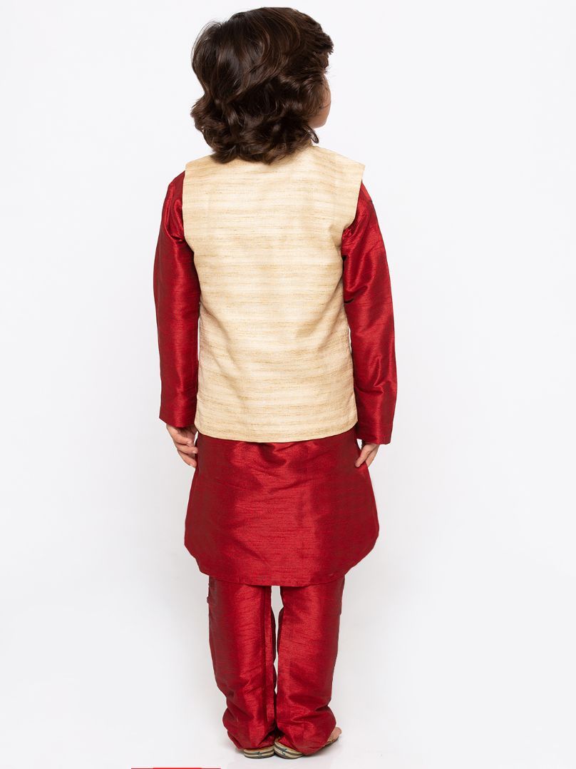 Vastramay Boys' Maroon Cotton Silk Kurta, Jacket and Pyjama Set