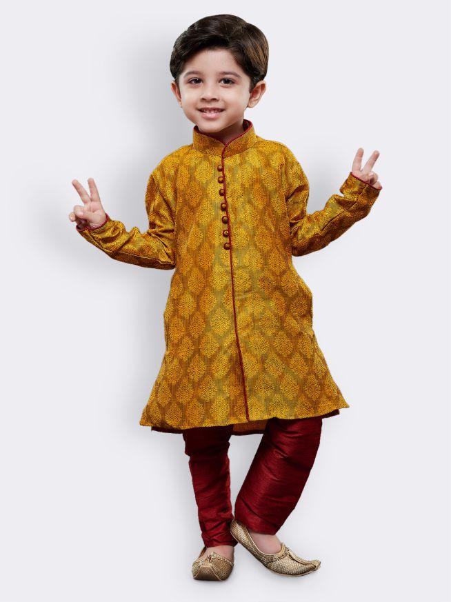 Vastramay Boys' Yellow Cotton Silk Kurta and Pyjama Set