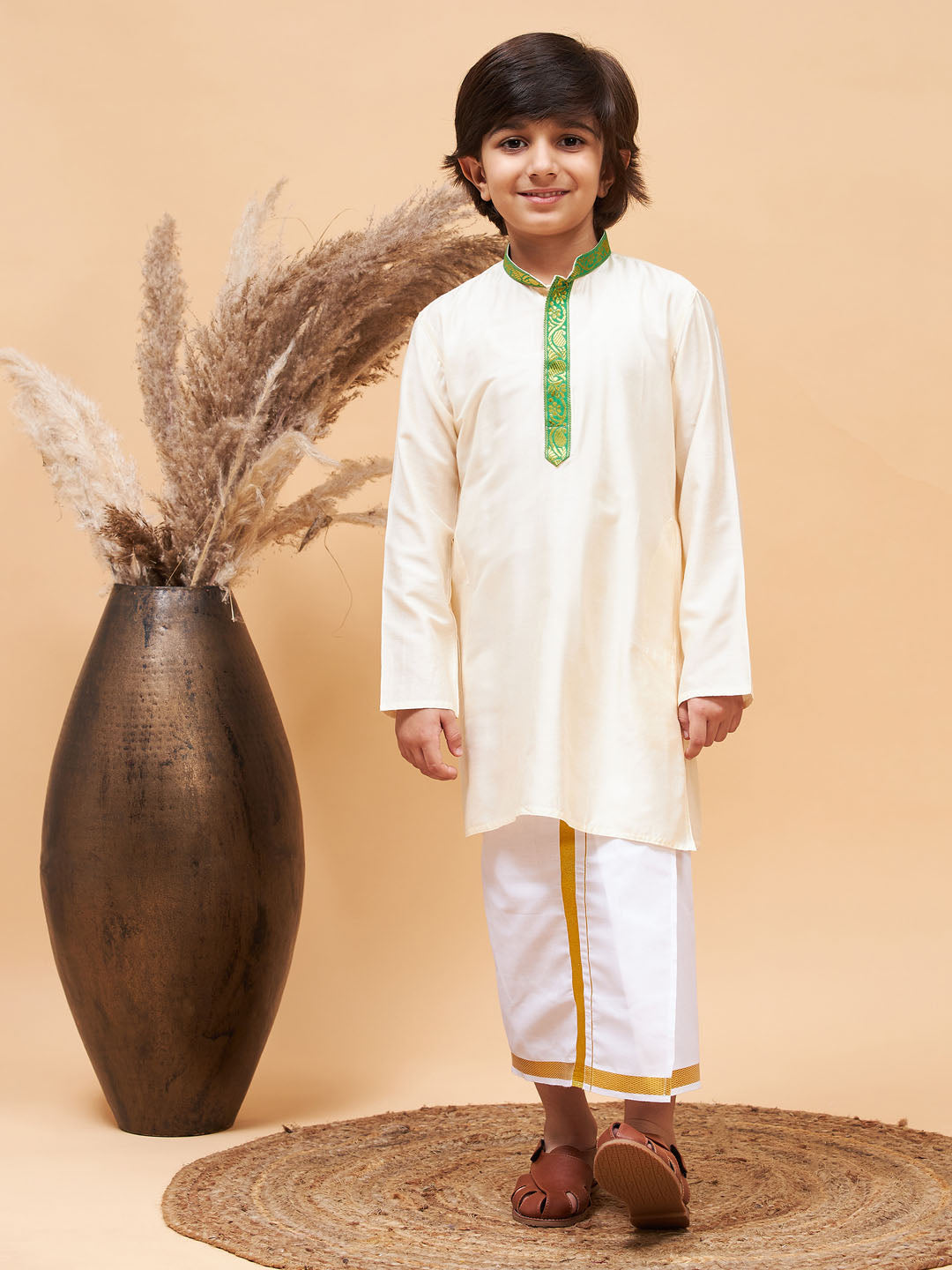 vastramay boys green and white kurta with mundu set