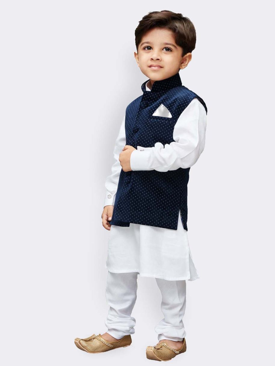 Vastramay Boys' White Cotton Kurta, Waistcoat and Pyjama Set