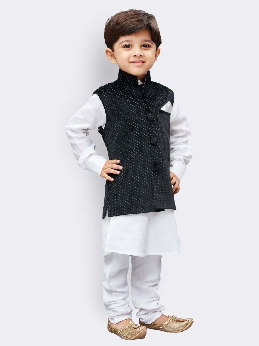 Vastramay Boys' White Cotton Kurta, Waistcoat and Pyjama Set