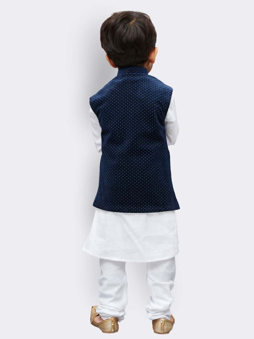 Vastramay Boys' White Cotton Kurta, Waistcoat and Pyjama Set