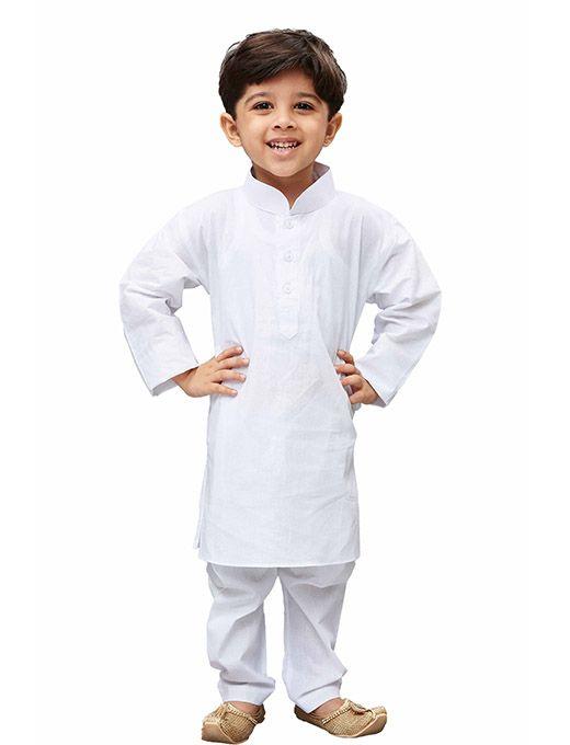 Vastramay Boys' White Cotton Kurta, Pyjama & Dupatta Set