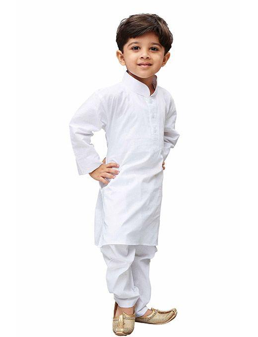 Vastramay Boys' White Cotton Kurta, Pyjama & Dupatta Set