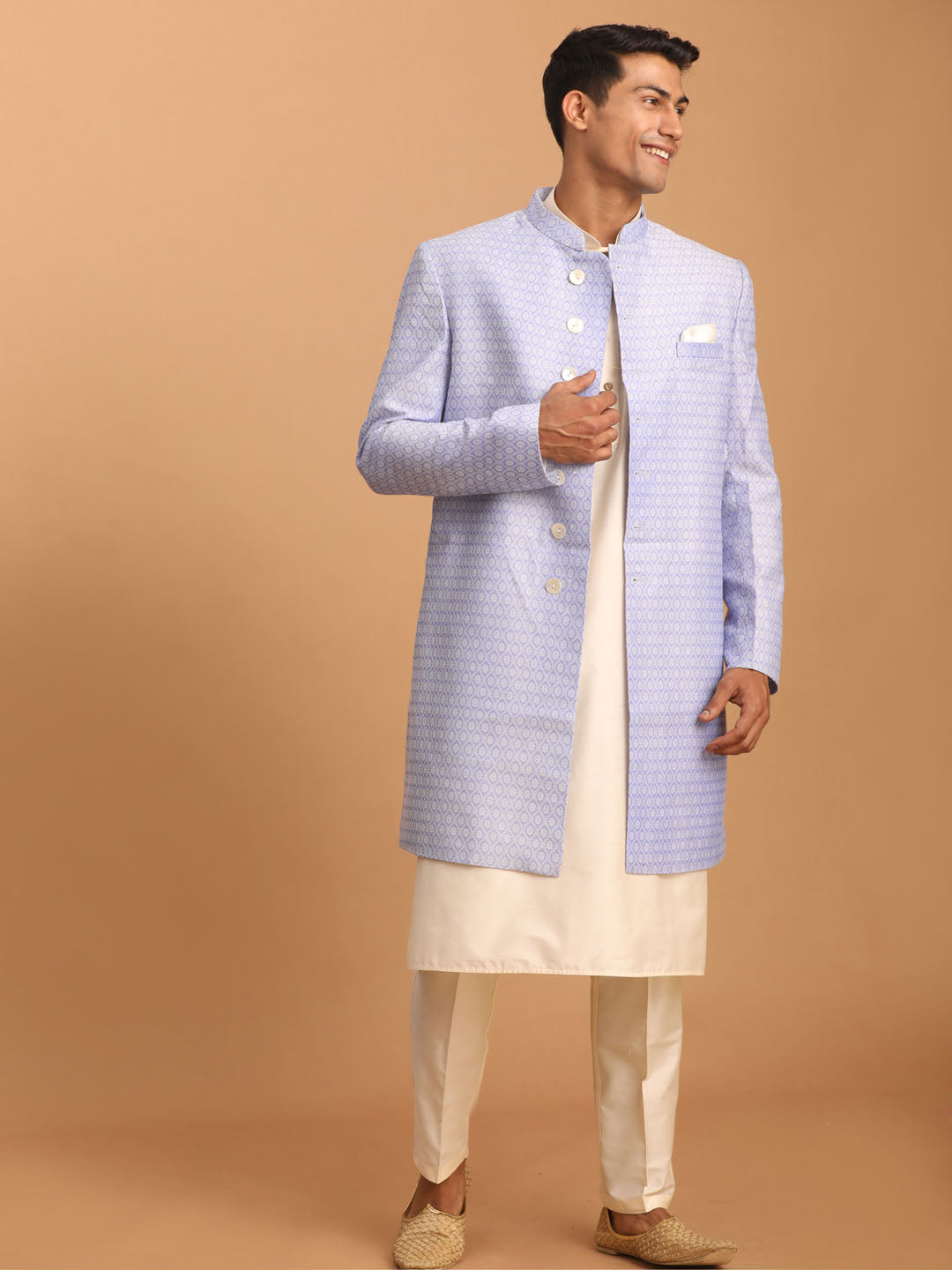 vastramay mens lavender color sherwani with cream kurta and pant set