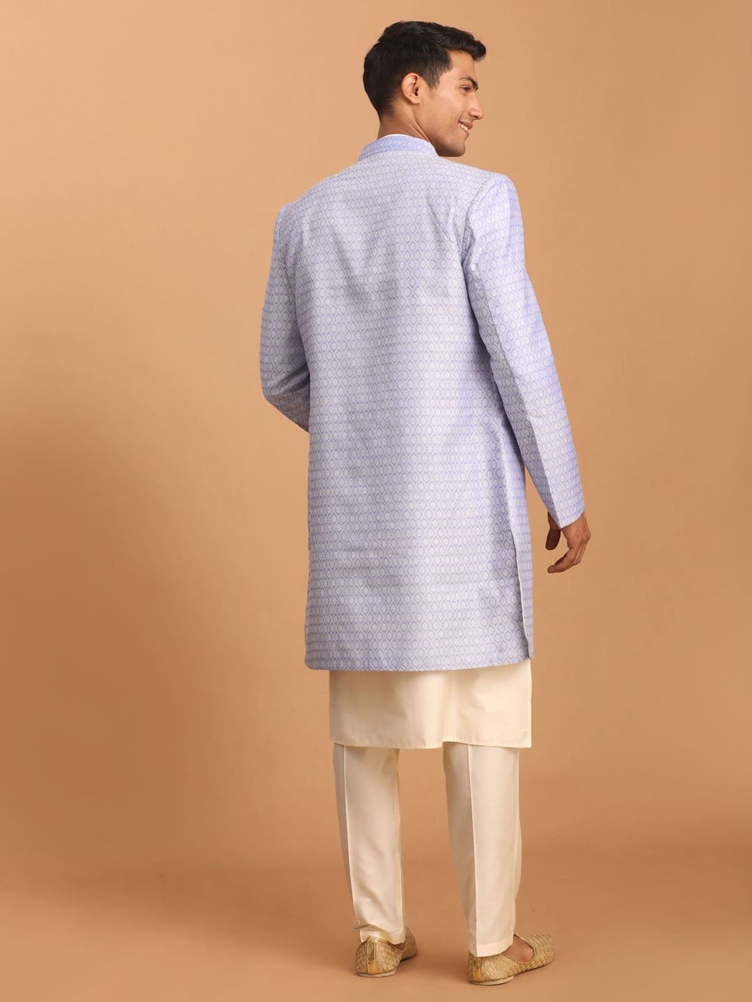 vastramay mens lavender color sherwani with cream kurta and pant set