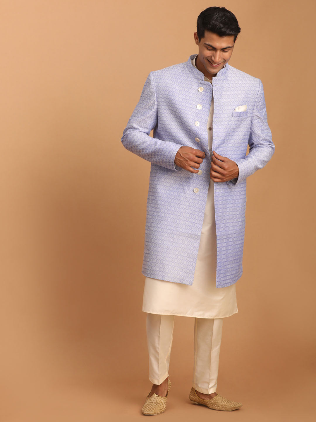 vastramay mens lavender color sherwani with cream kurta and pant set