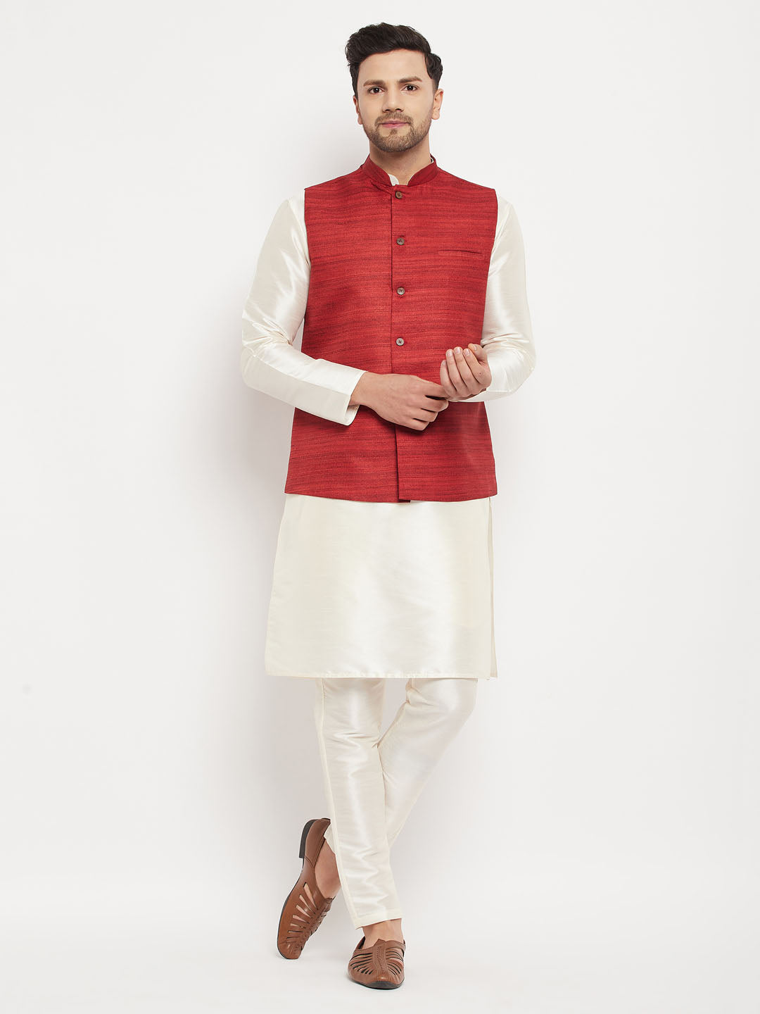 VASTRAMAY Men's Maroon Matka Silk Nehru Jacket With Cream Silk Blend Kurta and Pant style Pyjama Set