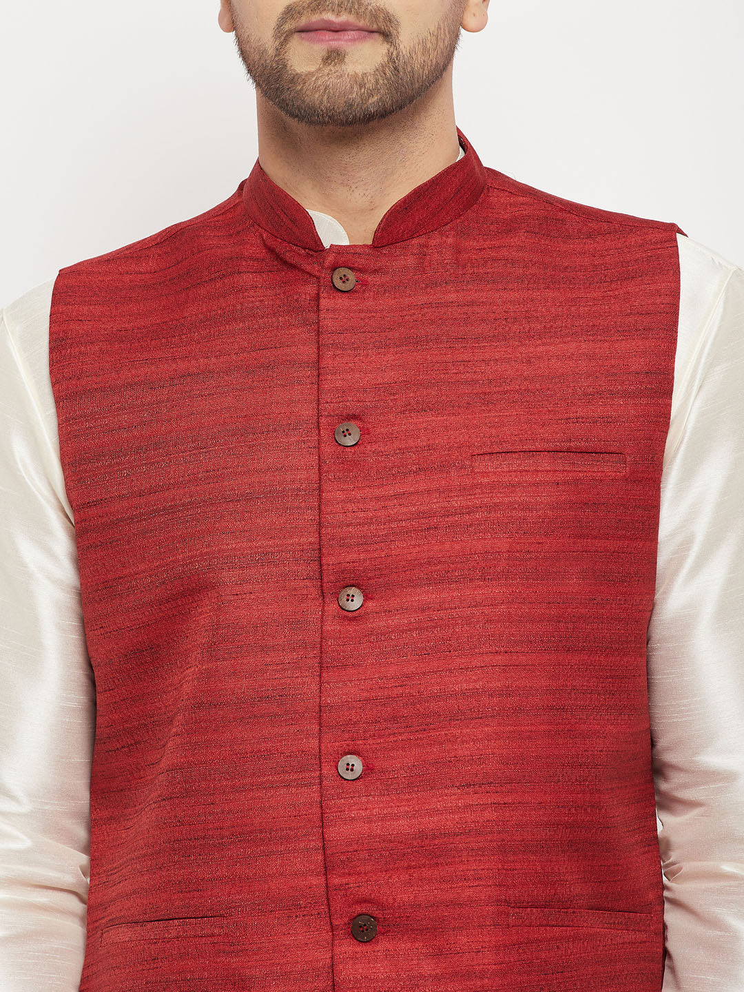 VASTRAMAY Men's Maroon Matka Silk Nehru Jacket With Cream Silk Blend Kurta and Pant style Pyjama Set