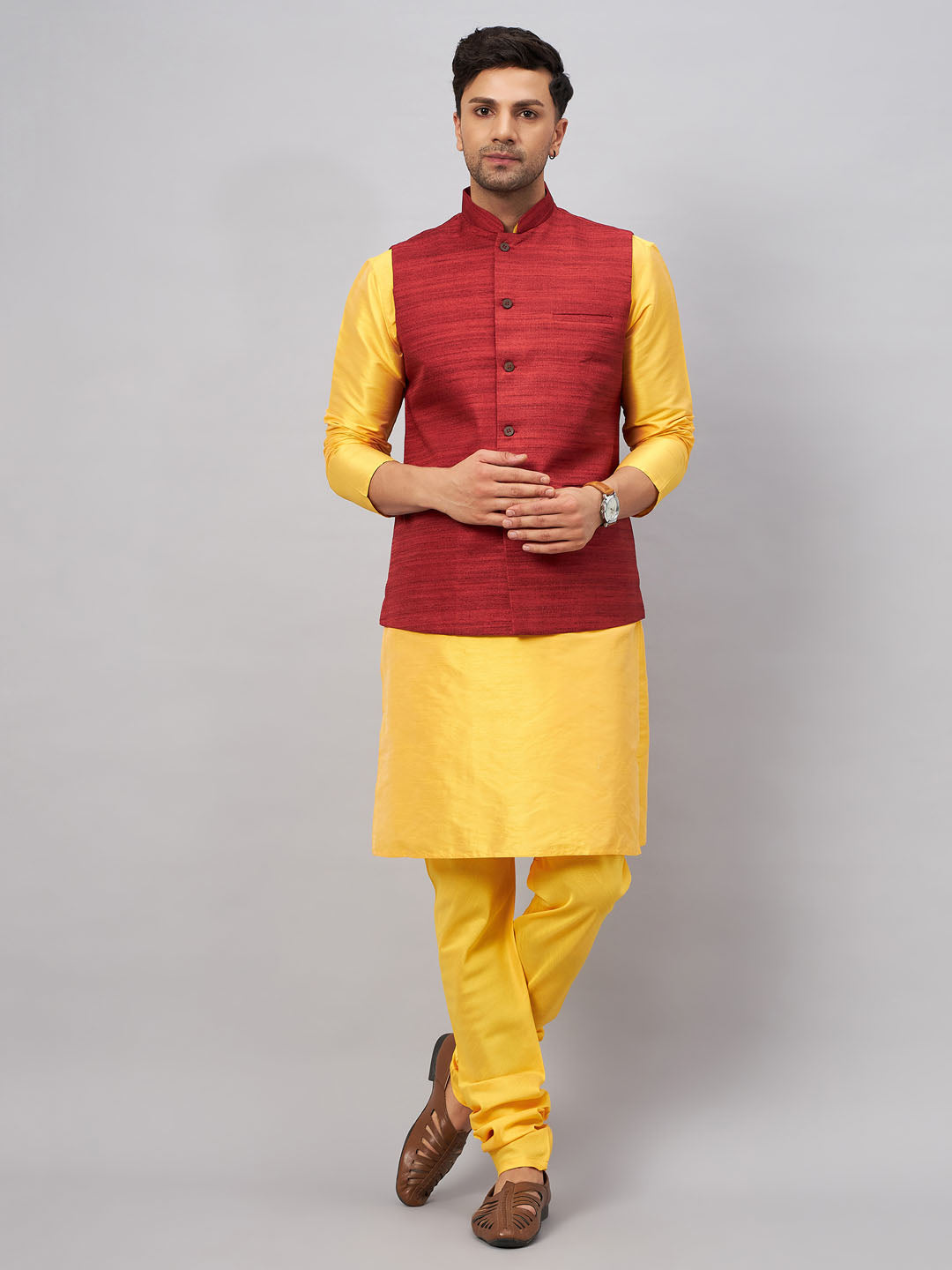 Vastramay Men's Maroon Jacket With Yellow Kurta And Pyjama Set