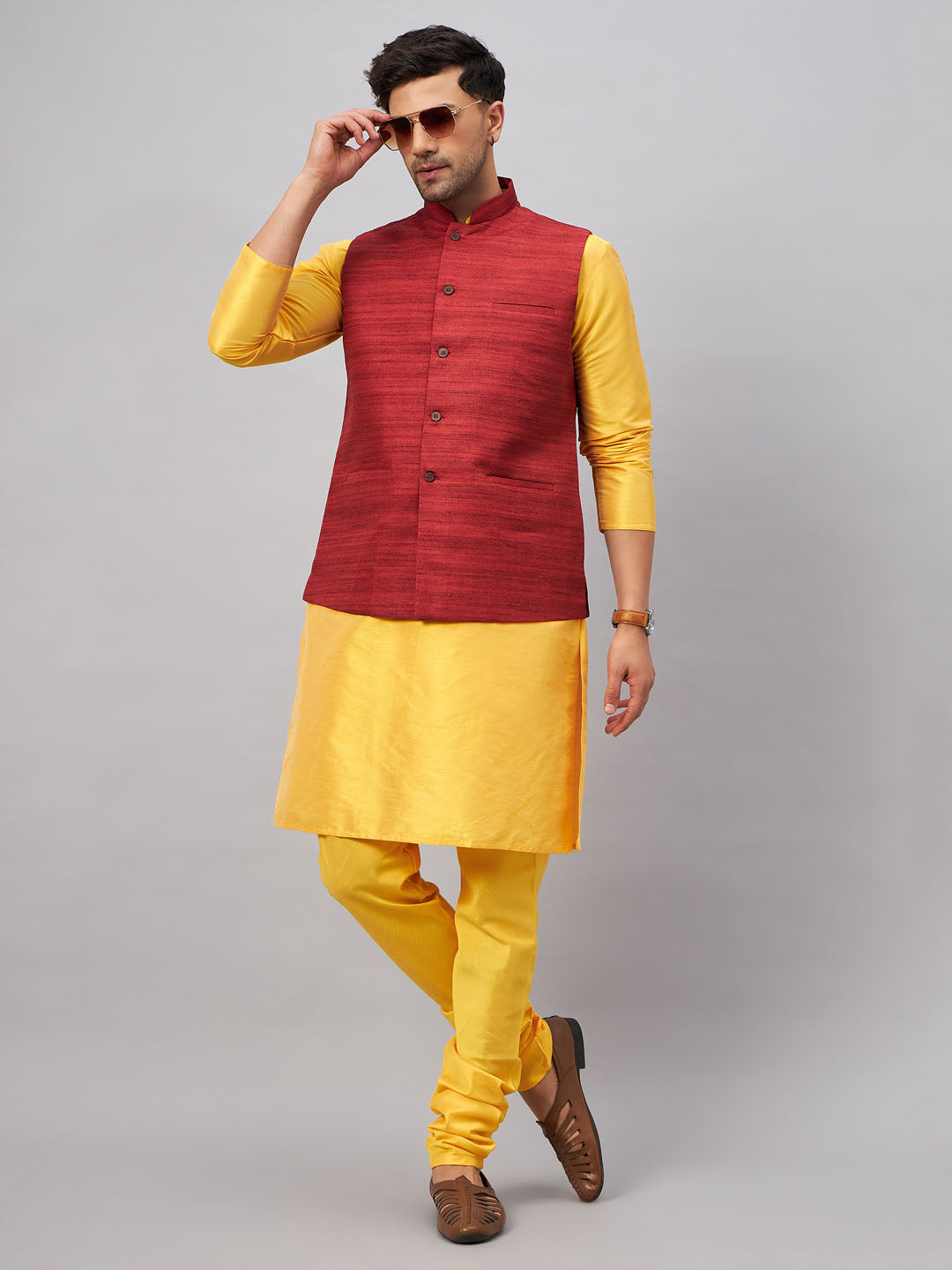 vm by vastramay mens maroon jacket with yellow kurta and pyjama set