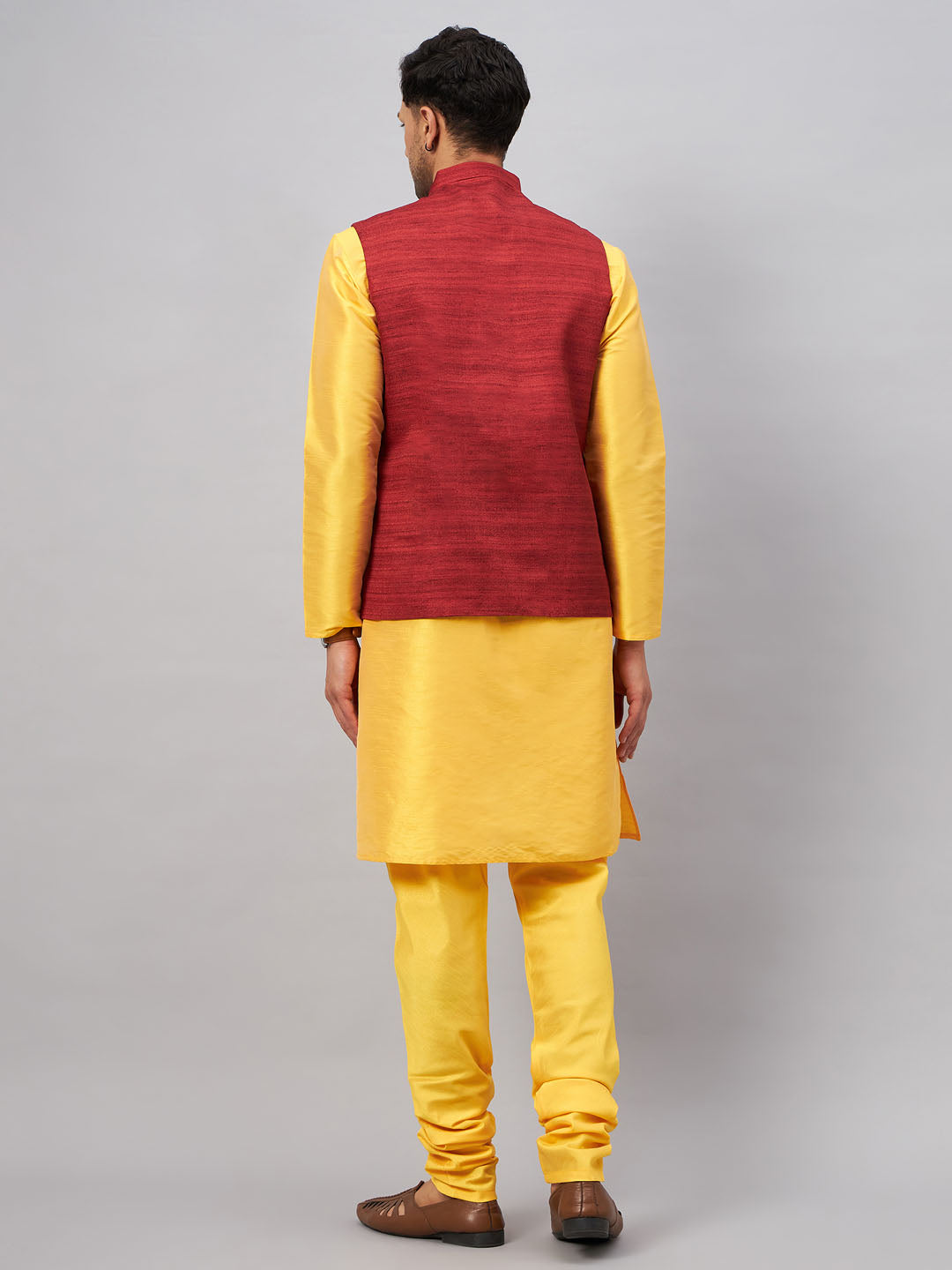 vm by vastramay mens maroon jacket with yellow kurta and pyjama set