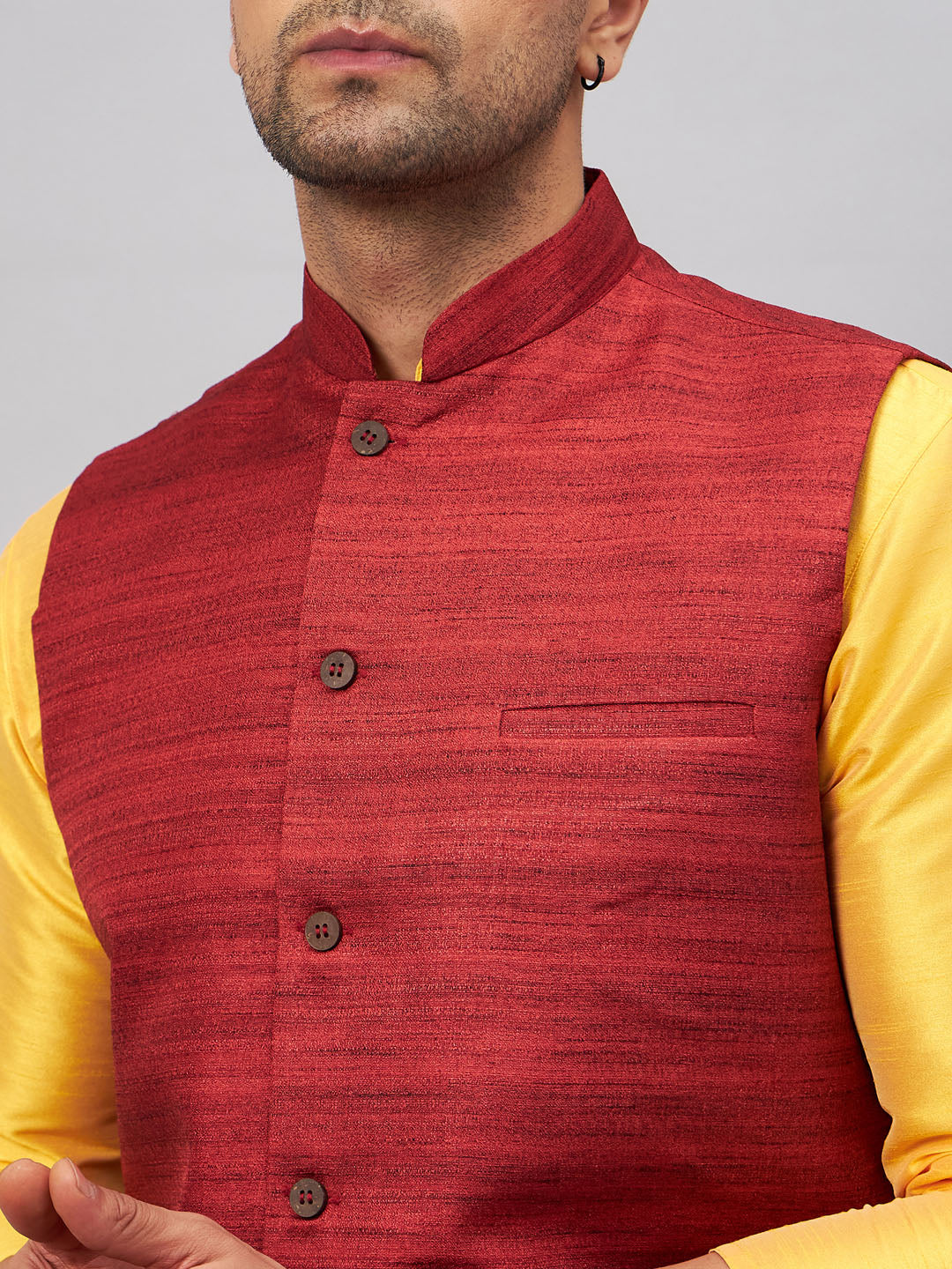 vm by vastramay mens maroon jacket with yellow kurta and pyjama set