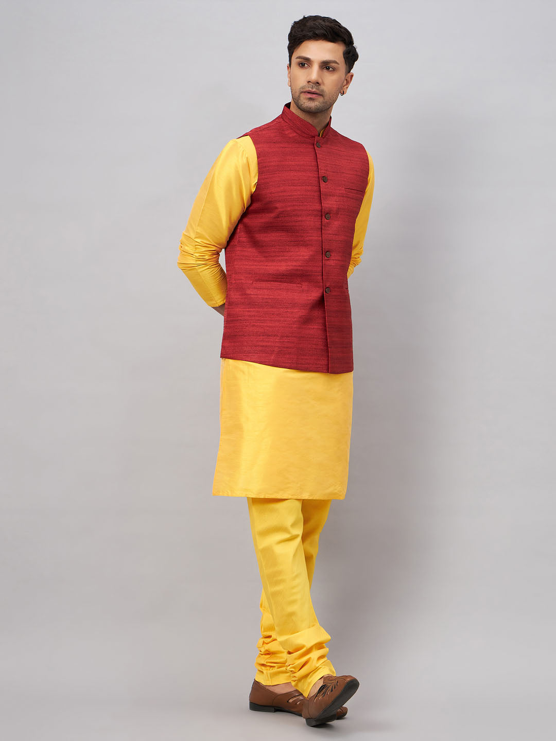 Vastramay Men's Maroon Jacket With Yellow Kurta And Pyjama Set
