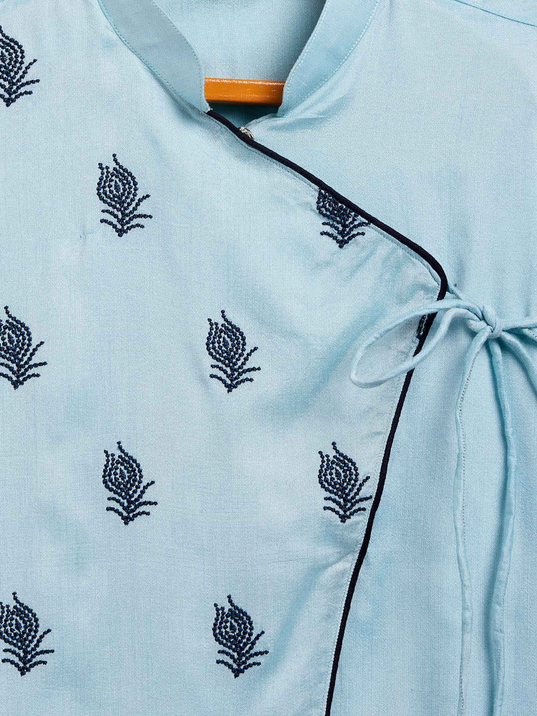 boys aqua blue embroidered angrakha style krishna kurta and navy blue dhoti set