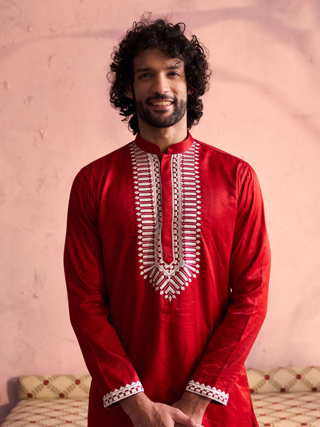 VASTRAMAY Men's Red Silk Machine Embroidered Kurta