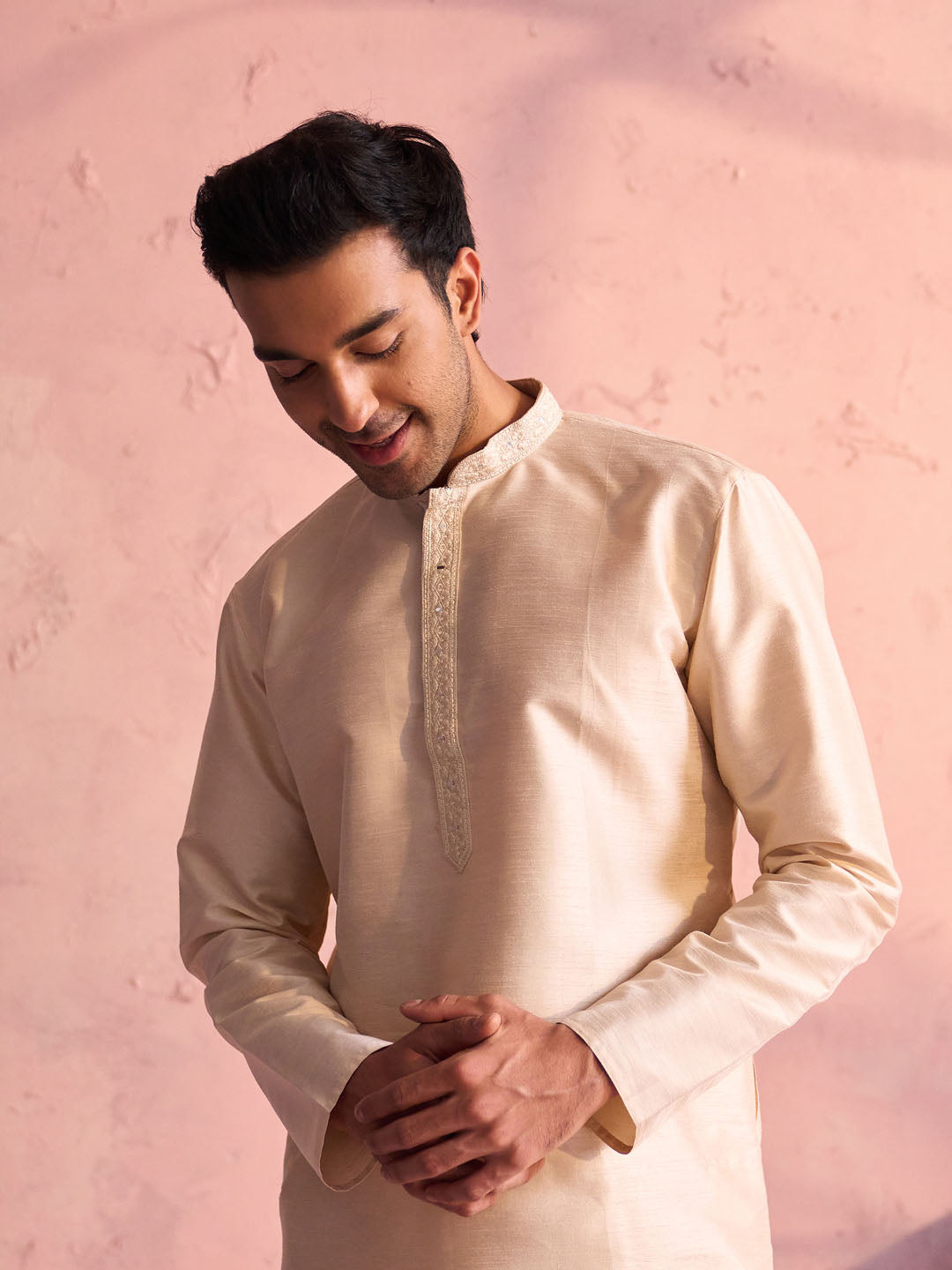 VASTRAMAY Men's Beige Silk Blend Kurta