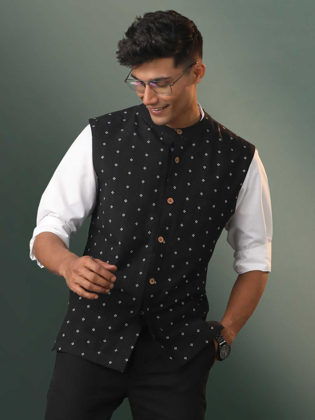SHVAAS By VASTRAMAY Men's Black Jacquard Cotton Nehru Jacket