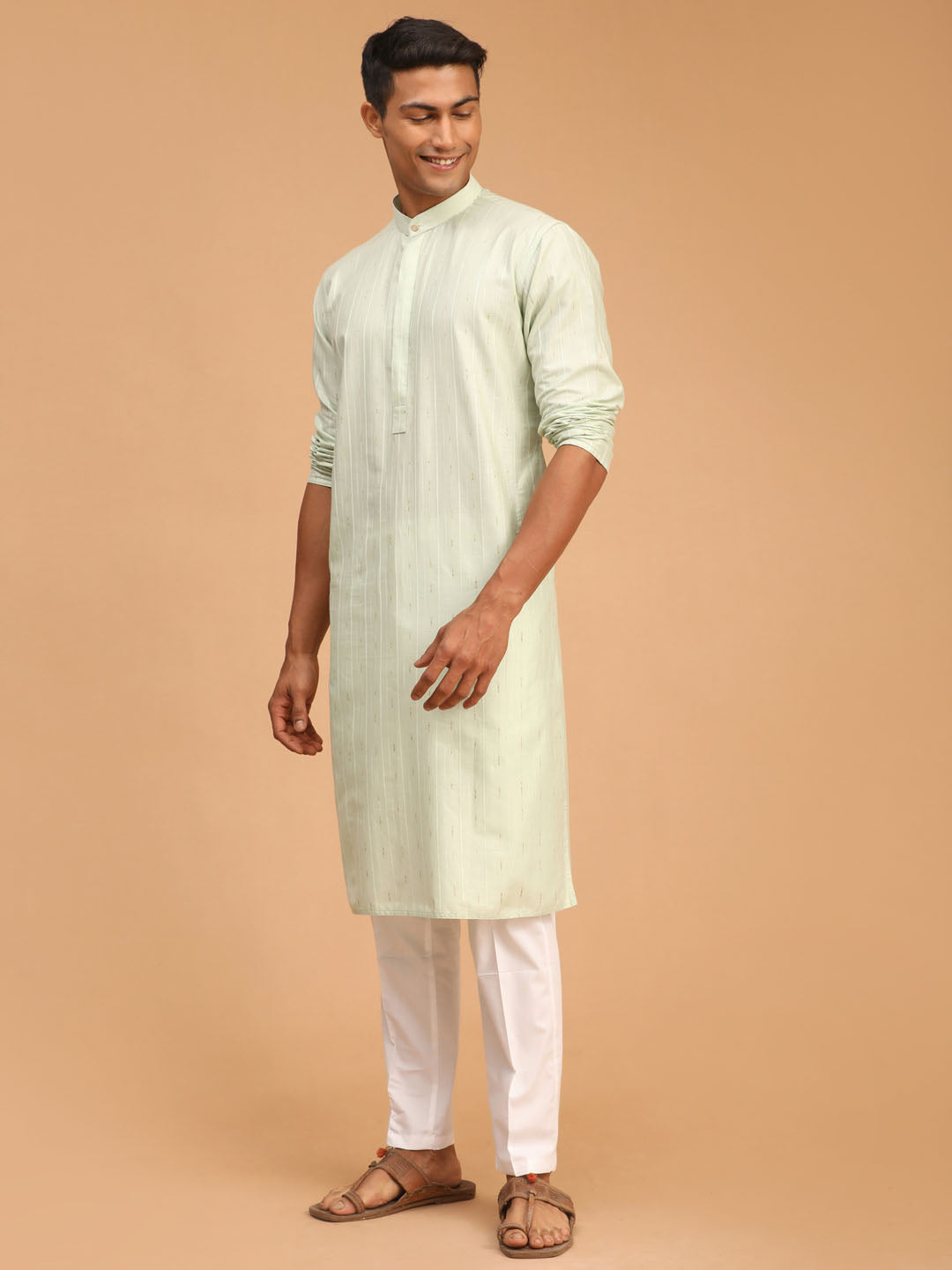 VASTRAMAY Men's Light Green Striped cotton Kurta And White Cotton Pant Style Pyjama Set