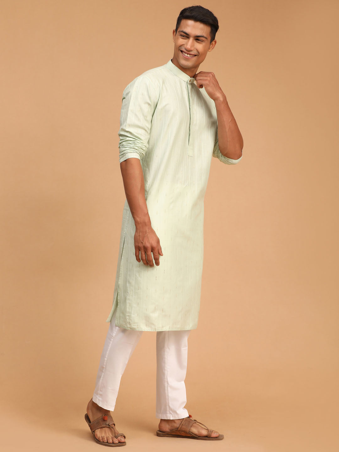 VASTRAMAY Men's Light Green Striped cotton Kurta And White Cotton Pant Style Pyjama Set