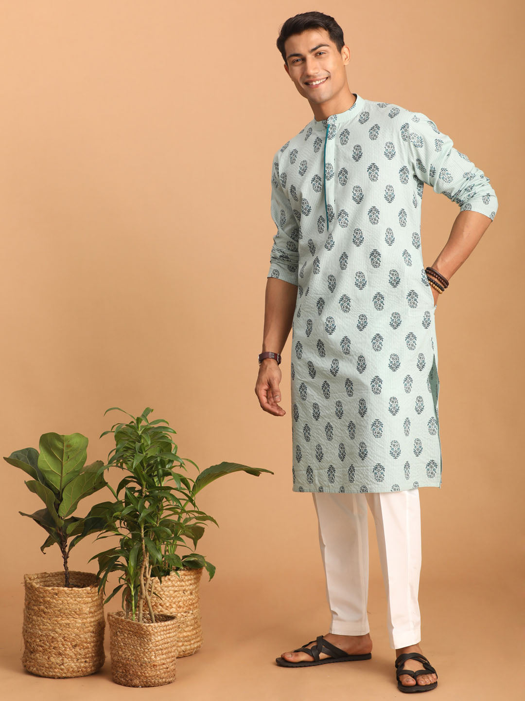 vastramay mens light green ethnic motif printed kurta with white pant set