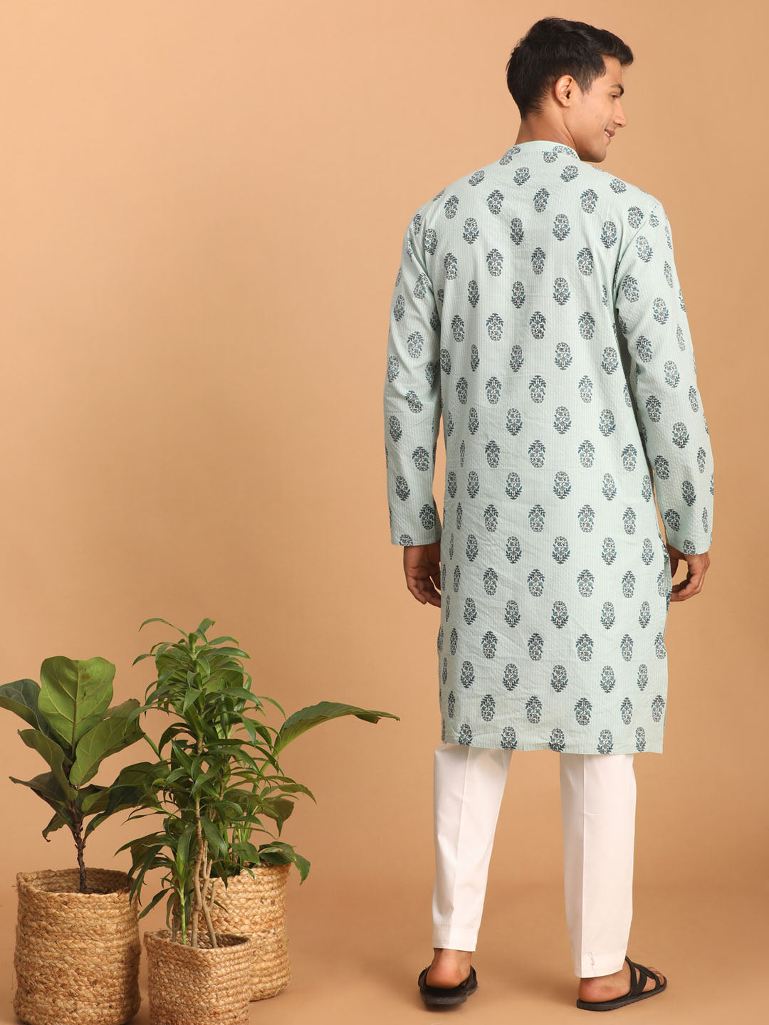 vastramay mens light green ethnic motif printed kurta with white pant set