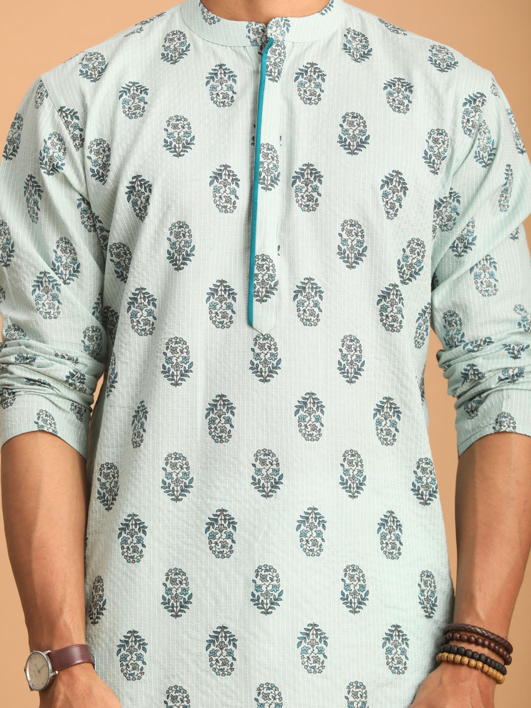 vastramay mens light green ethnic motif printed kurta with white pant set