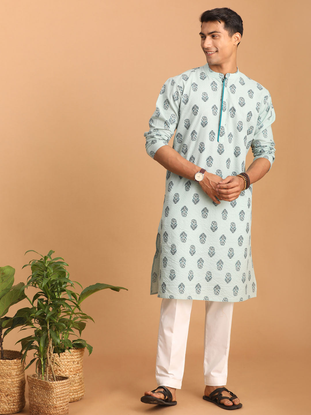 vastramay mens light green ethnic motif printed kurta with white pant set