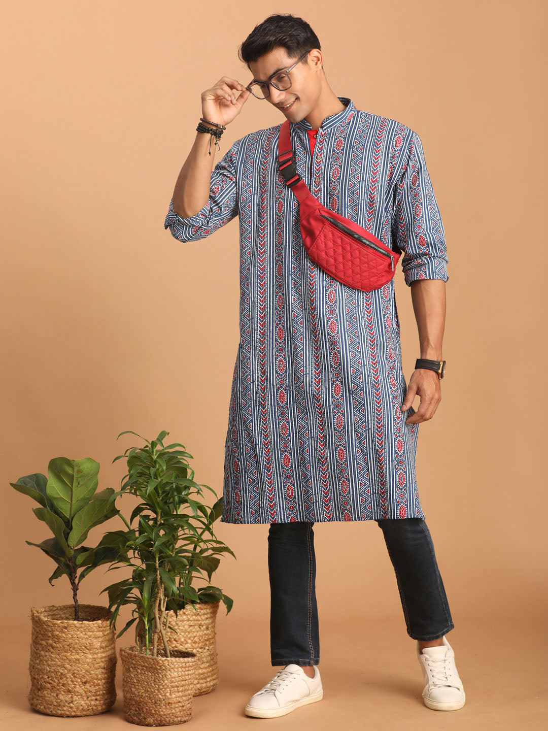 vastramay mens indigo printed cotton kurta