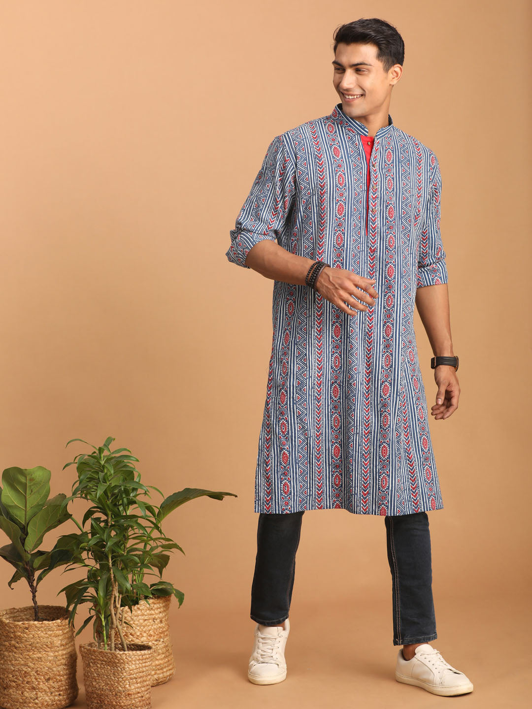 vastramay mens indigo printed cotton kurta