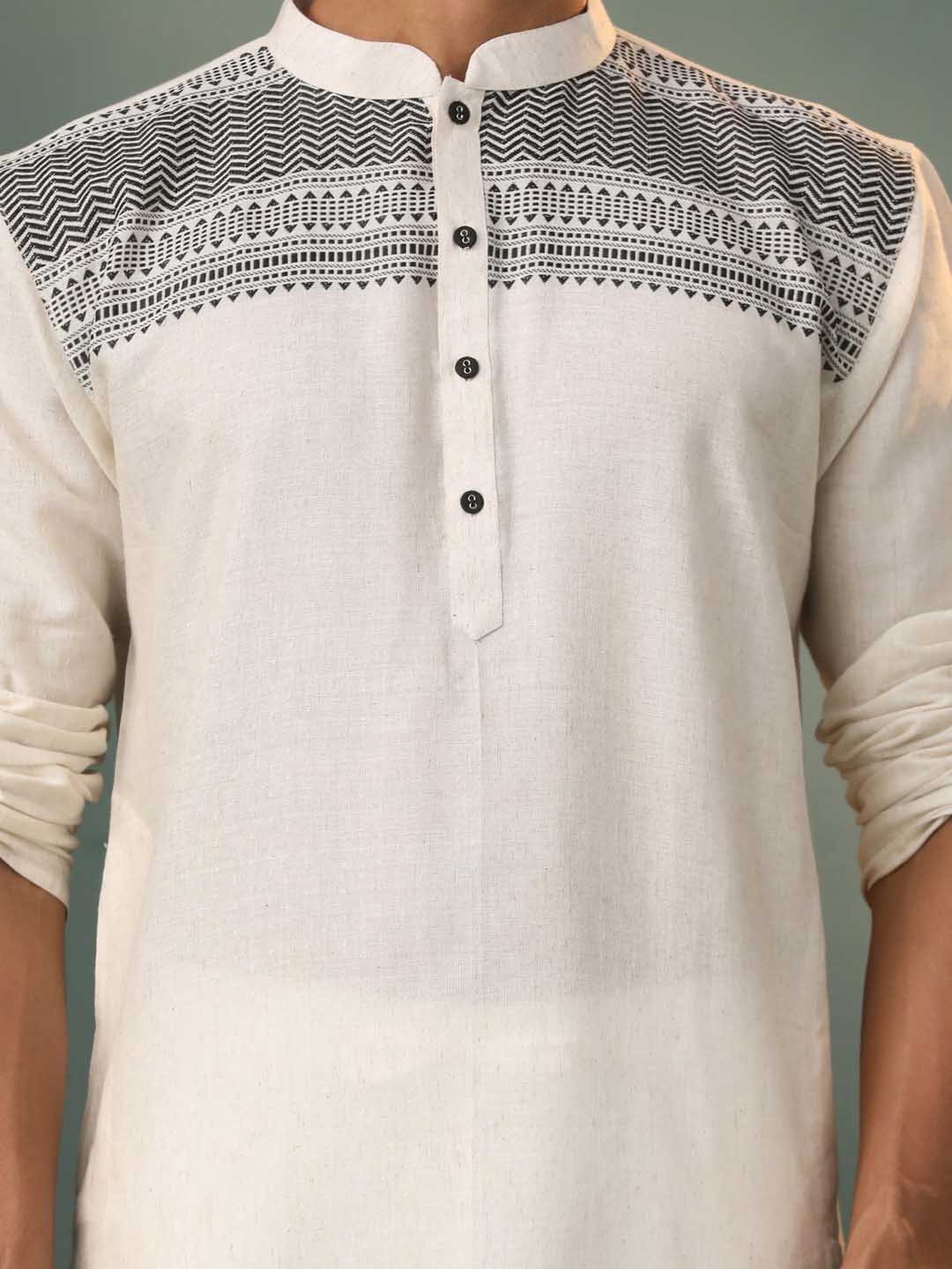 SHVAAS By VASTRAMAY Men's Cream Jacquard Cotton Kurta Pyjama Set