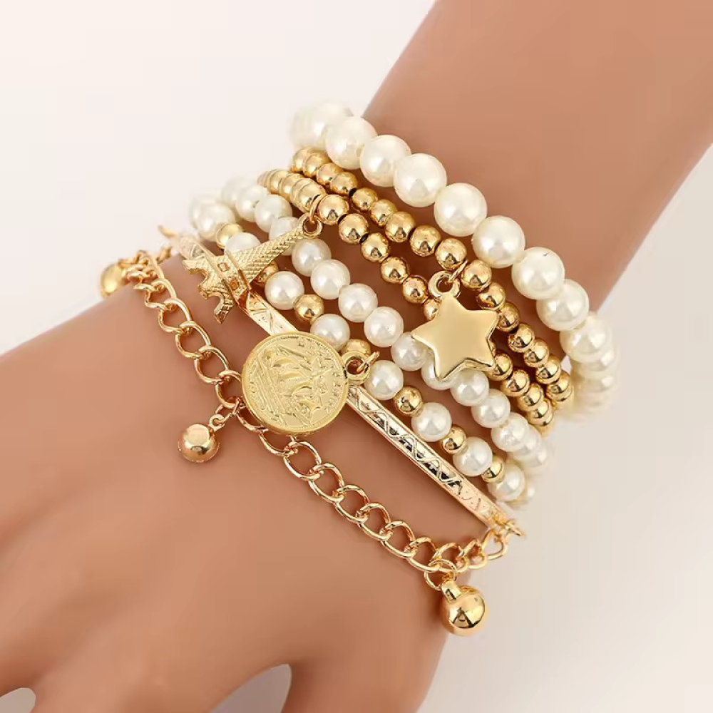 Vembley Elasticated Bracelet Stack (White, Golden)