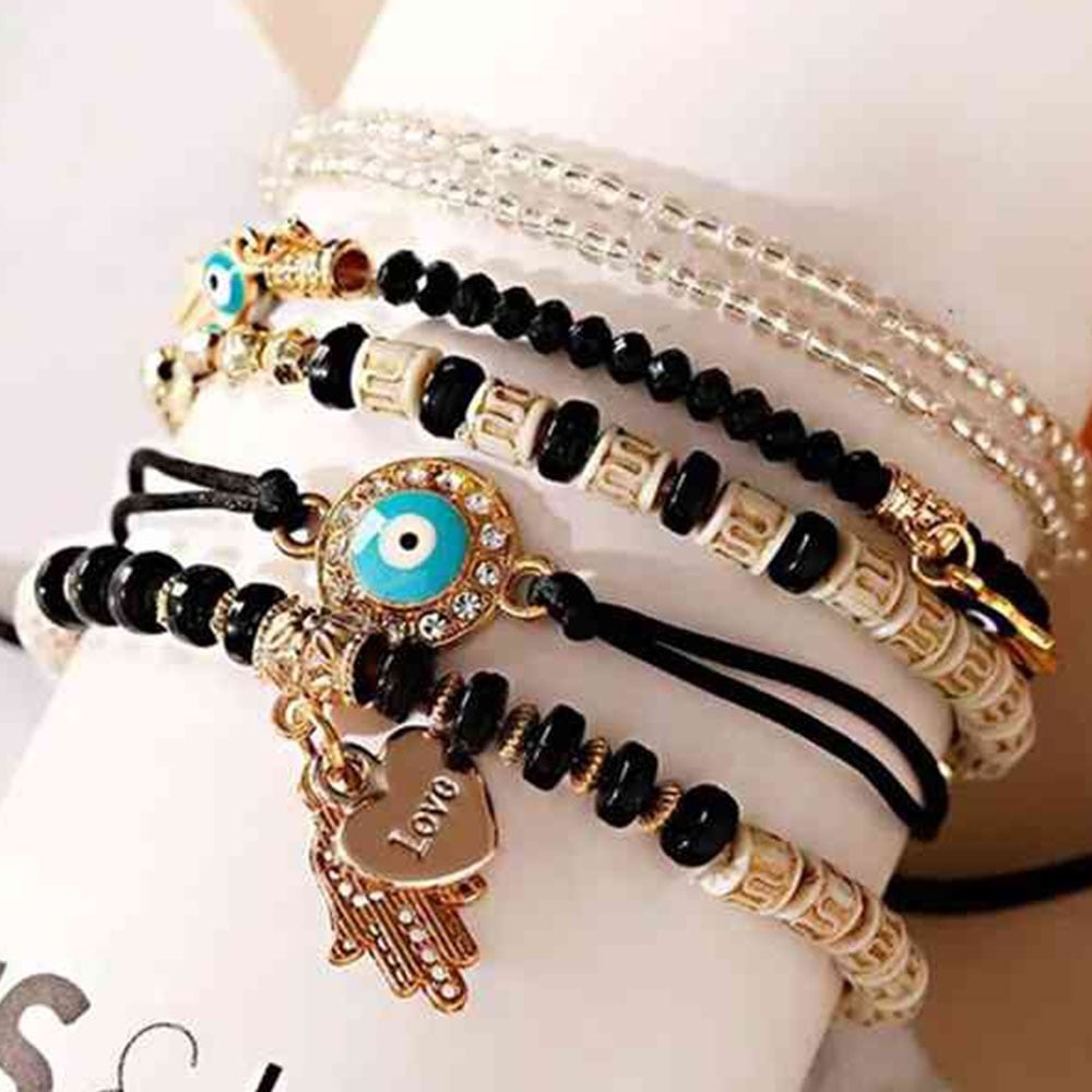 Vembley Elasticated Bracelet Evil Eye Charm Bracelet Set (Black)