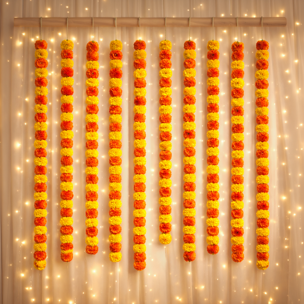 Artificial Marigold Garland Genda Phool Decor (Yellow, Orange) - Ojorey