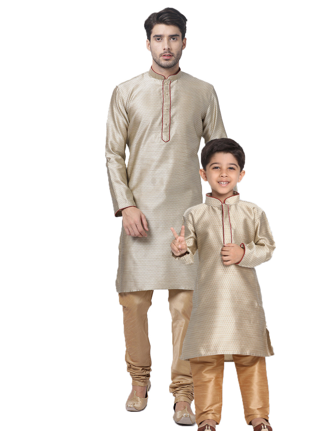 Vastramay Silk Blend Beige and Rose Gold Baap Beta Kurta Pyjama set