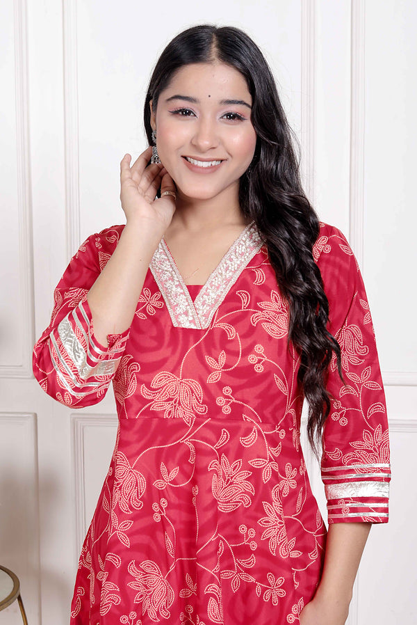Miravan Women's red Embroidered Anarkali Kurta and Dupatta