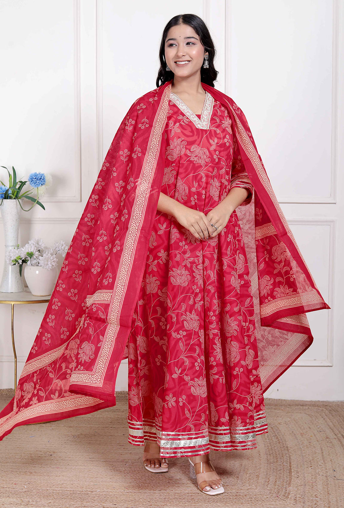 Miravan Women's red Embroidered Anarkali Kurta and Dupatta
