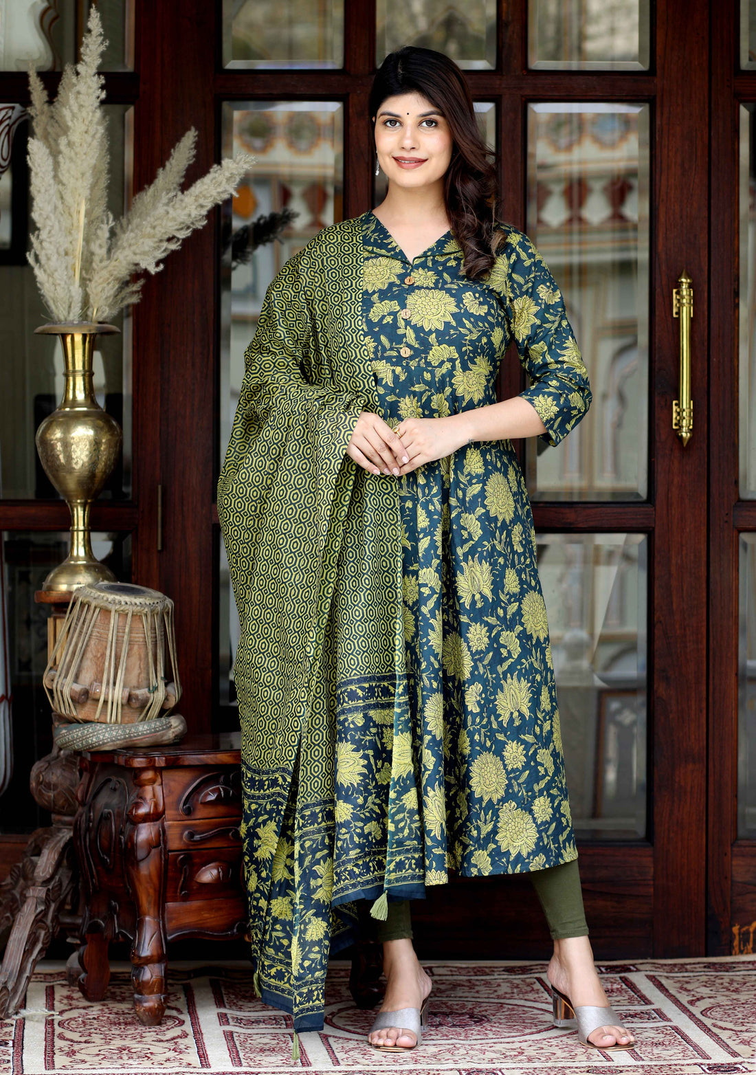 Miravan Women's Green Pure Cotton Printed Anarkali Kurta With Gold Print Dupatta