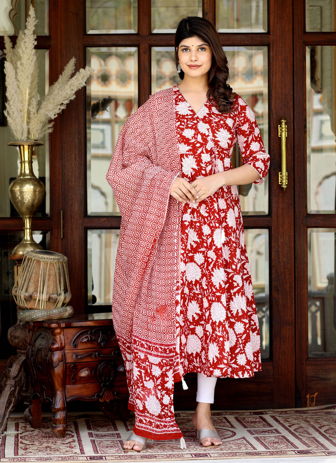 Miravan Women's Red Cotton Floral Printed Anarkali Kurta With Dupatta