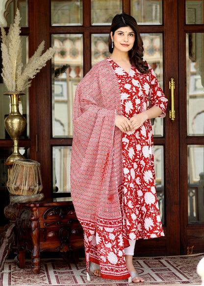 Miravan Women's Red Cotton Floral Printed Anarkali Kurta With Dupatta