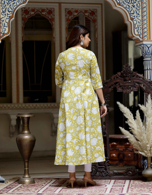 Miravan Women's Yellow Cotton Floral Print Anarkali Kurta With Dupatta